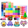A collection of colorful plastic beads, tweezers, and various bead-themed stickers and accessories.