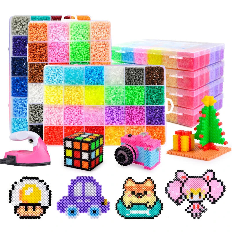 A collection of colorful plastic beads, tweezers, and various bead-themed stickers and accessories.