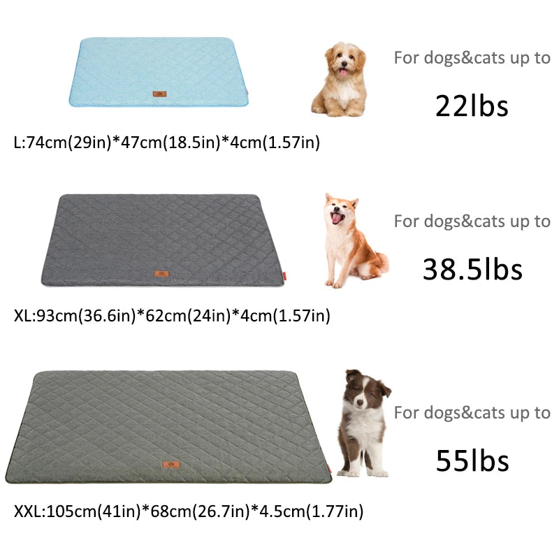 Three sizes of washable dog sleeping mats for dogs and cats, ranging from 22 lbs to 55 lbs.