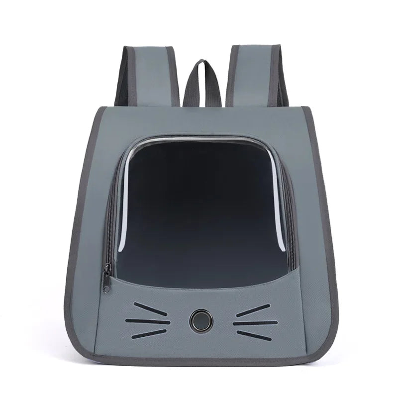 A gray breathable pet carrier backpack designed for cats and small dogs.
