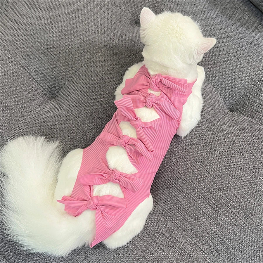 A white cat wearing a pink striped adjustable recovery vest with bow details.