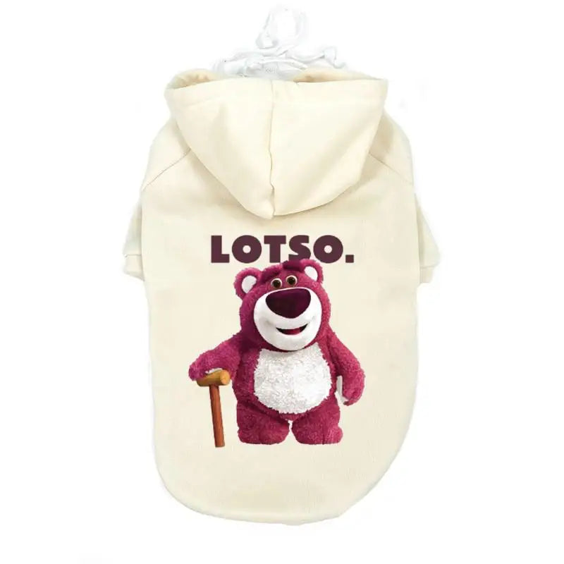 Chaqueta con capucha beige claro con gráfico de oso de dibujos animados y el texto LOTSO.