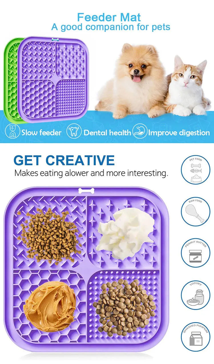 Purple silicone pet feeder mat with various compartments for slow feeding dry and wet food