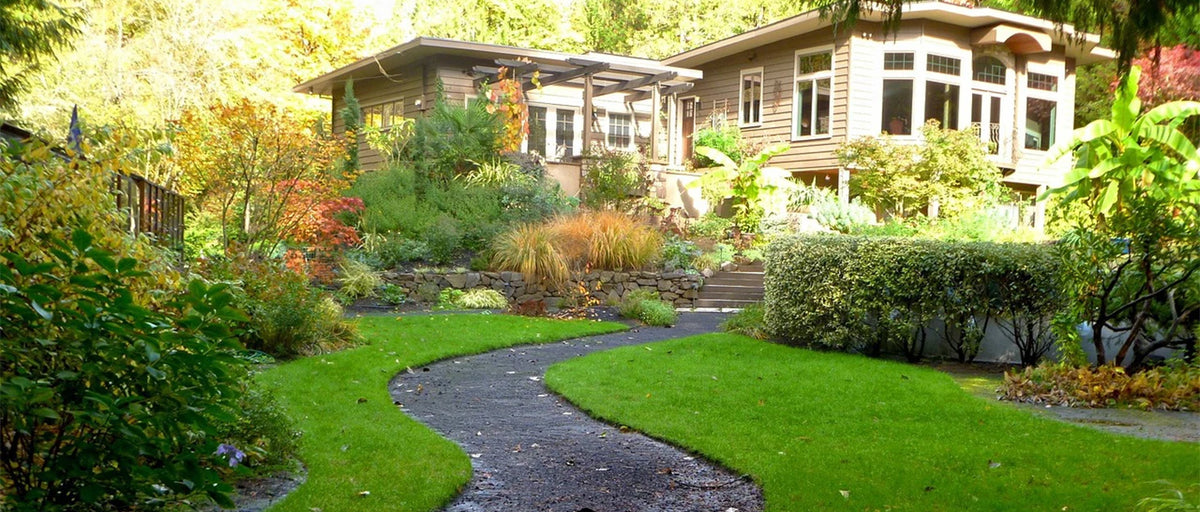 A garden scene featuring a stone pathway leading to a house with large windows and surrounding greenery.