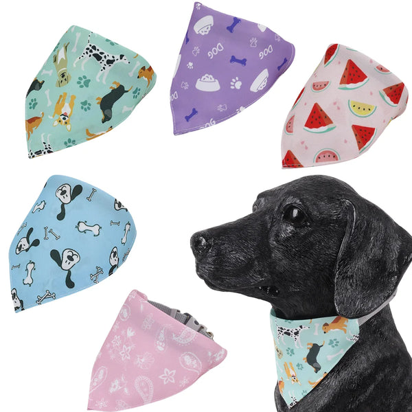 A collection of colorful cotton pet bandanas and scarves featuring various cartoon prints for dogs and cats.