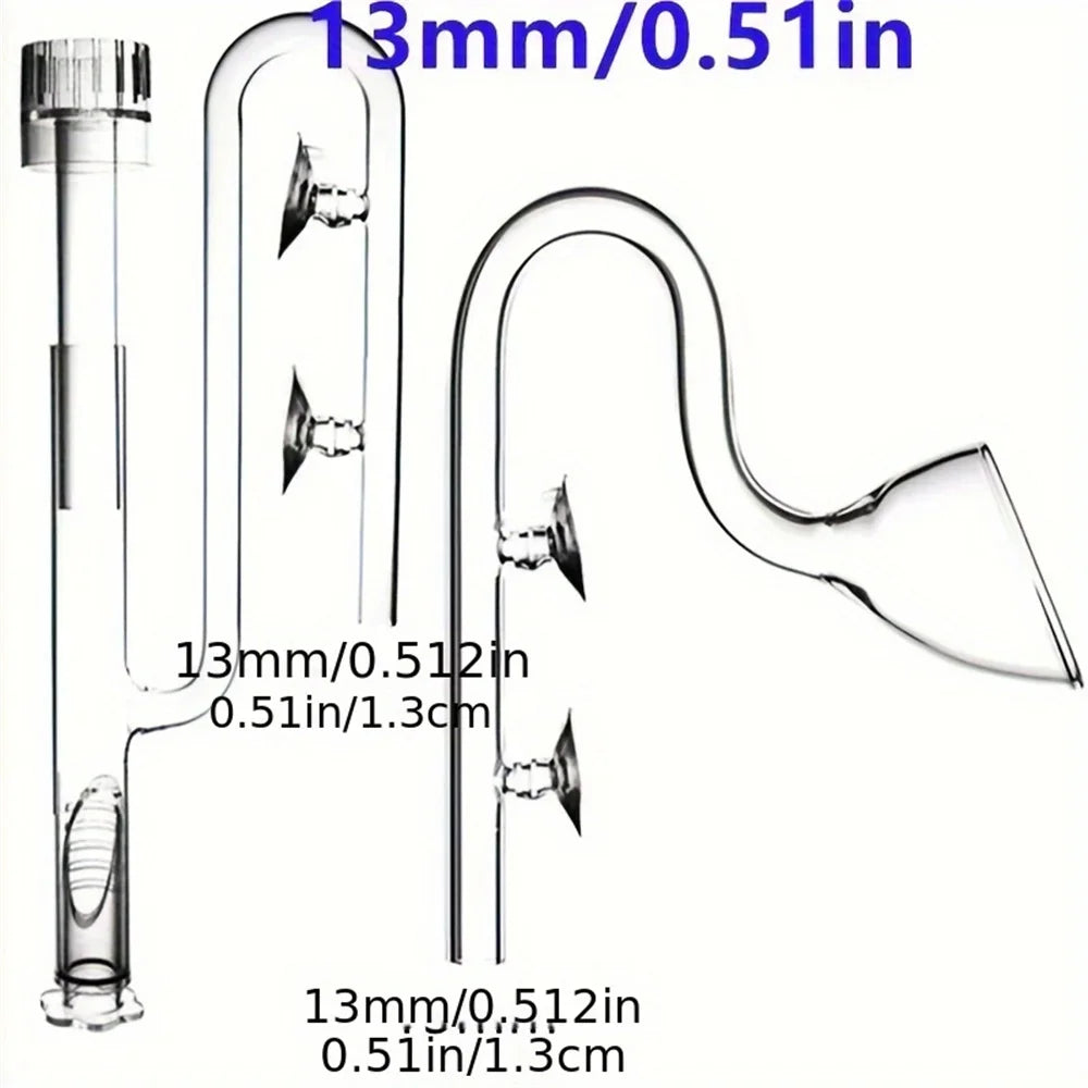 Klares Glaslilienrohr mit gebogener Röhre und verschiedenen Öffnungen für den Wasserfluss in Aquarien.