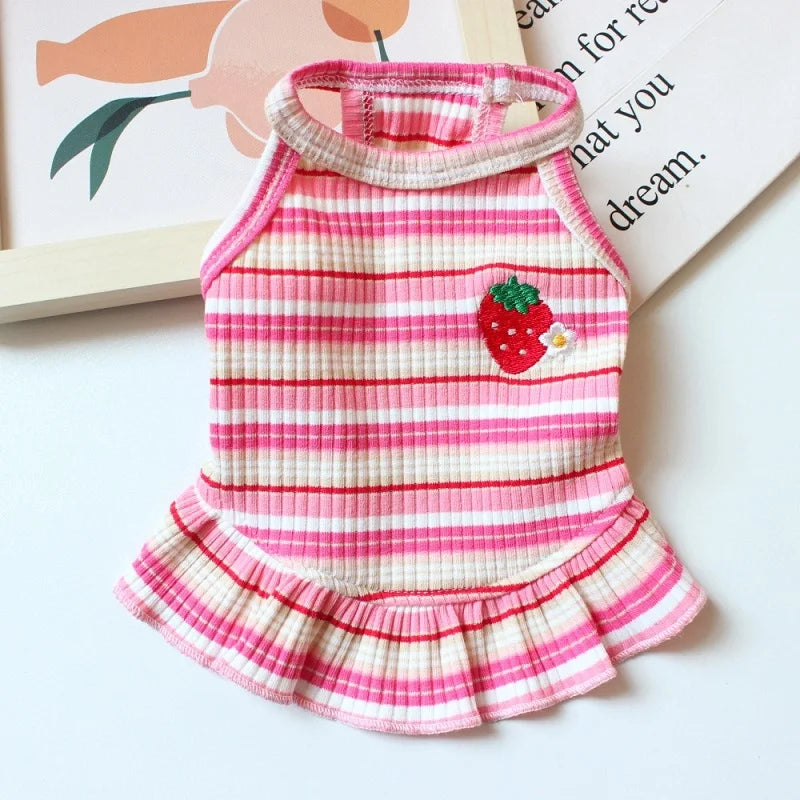 Summer Suspender Dog Dress - Striped Strawberry Print