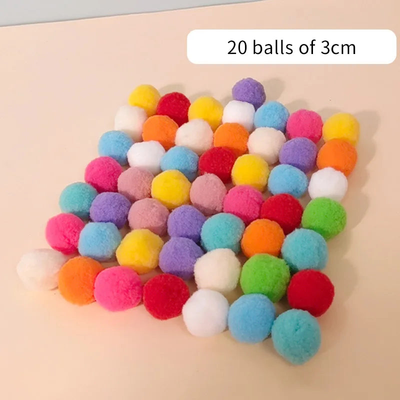 A collection of 20 colorful plush balls, approximately 3cm in size, arranged in a grid.