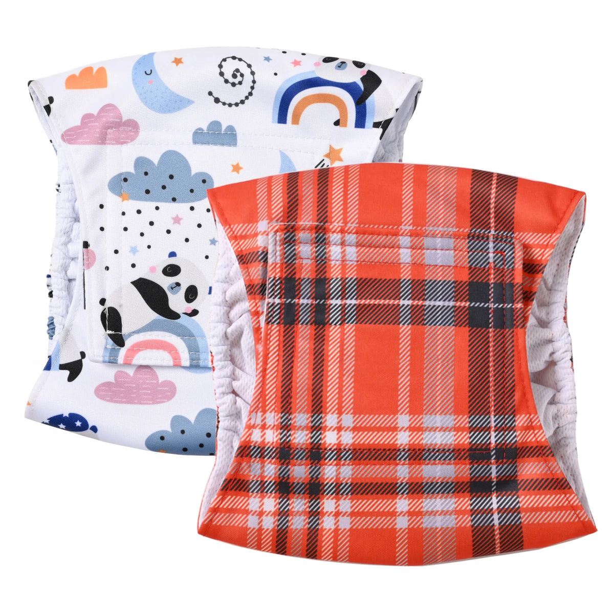 Three washable dog belly bands featuring colorful patterns like clouds and plaid for male dogs