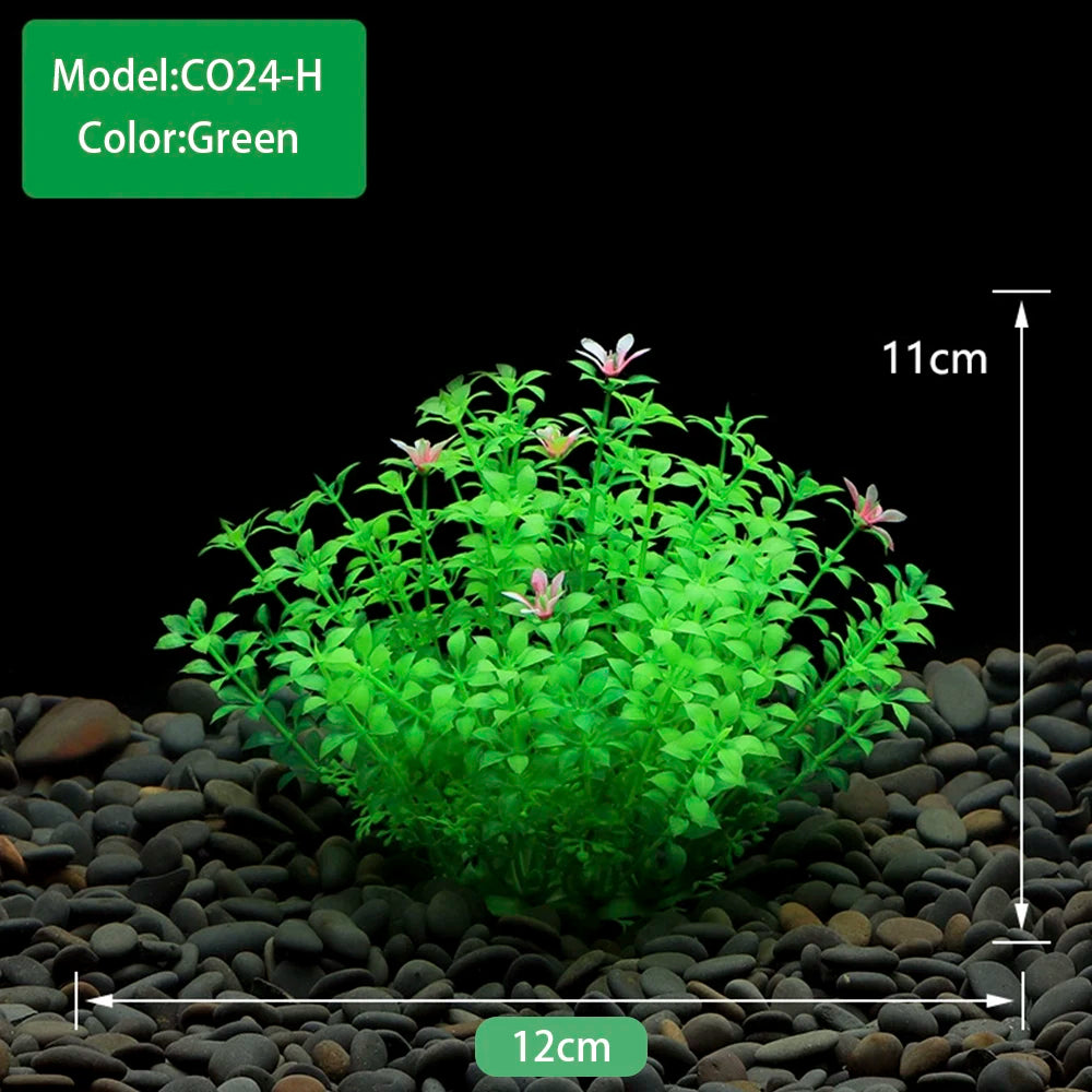Une plante aquatique artificielle vert vif est plantée dans du gravier foncé pour décoration d'aquarium.