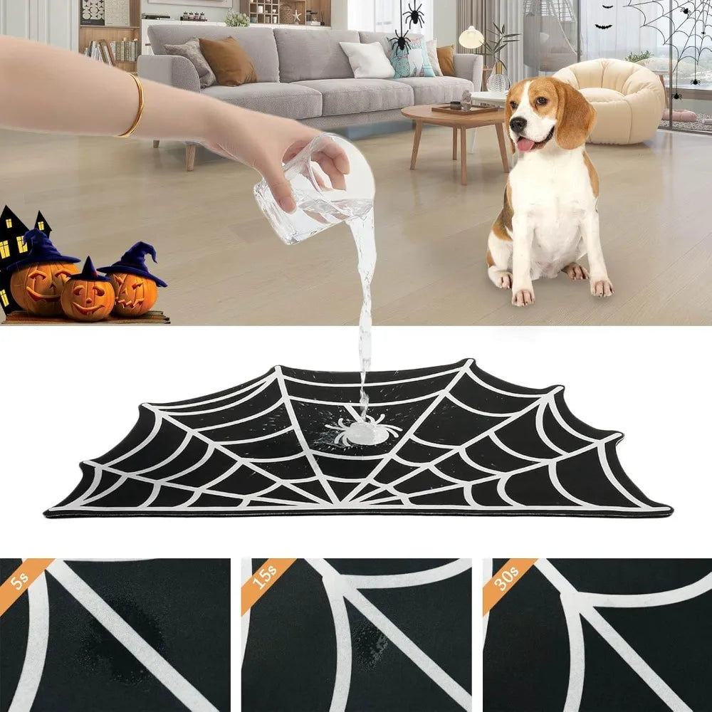 Halloween pet feeding mat featuring a black spider web design used for feeding dogs.