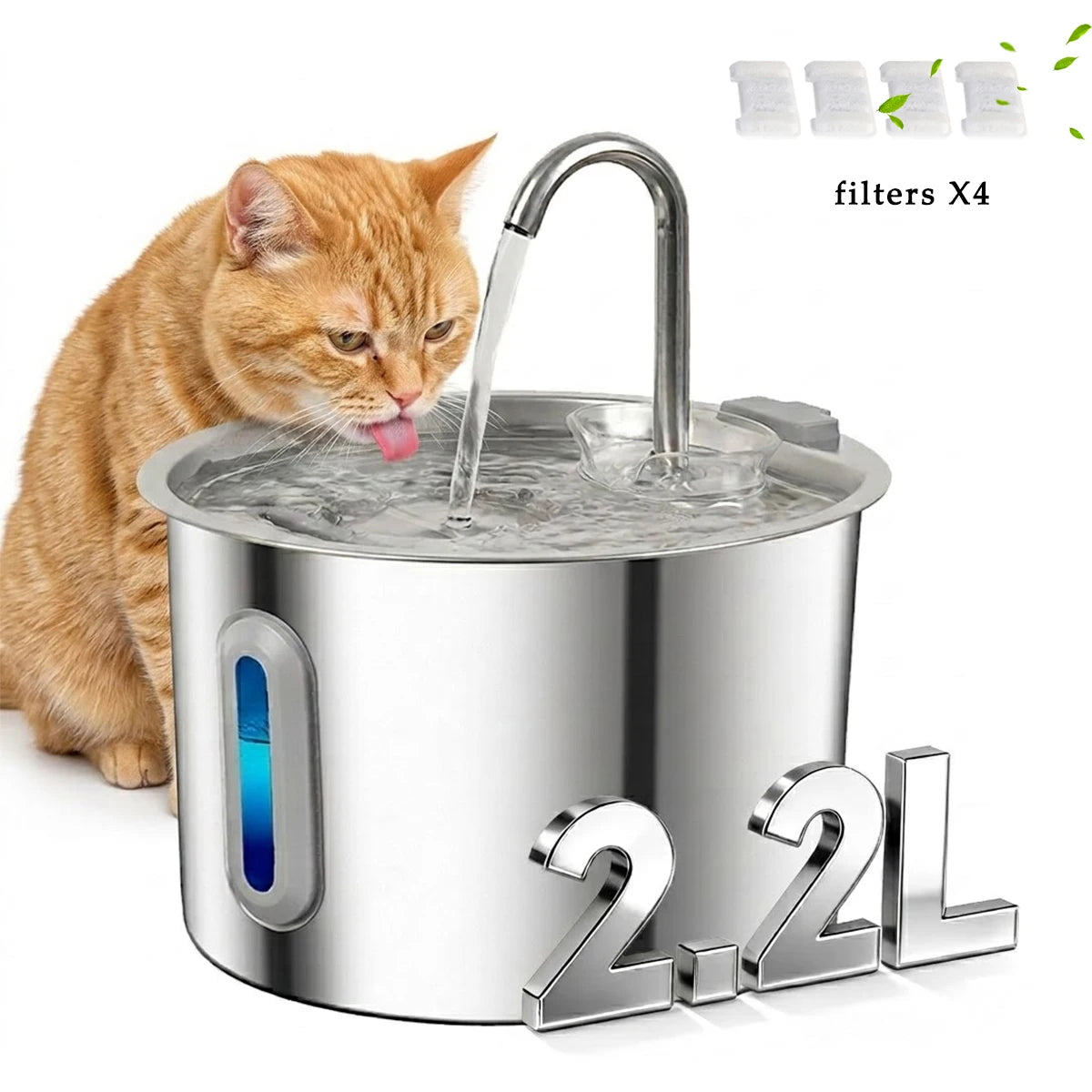 A stainless steel cat water fountain with four filters is shown, featuring a liquid flow and a cat drinking from it.