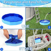 A foldable blue dog swimming pool and bathing tub is shown in use, being stored in a carrying case.
