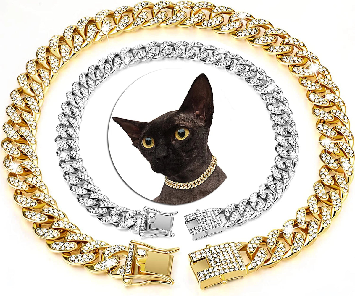 Luxury Crystal Cuban Chain Cat Collar with Safety Buckle