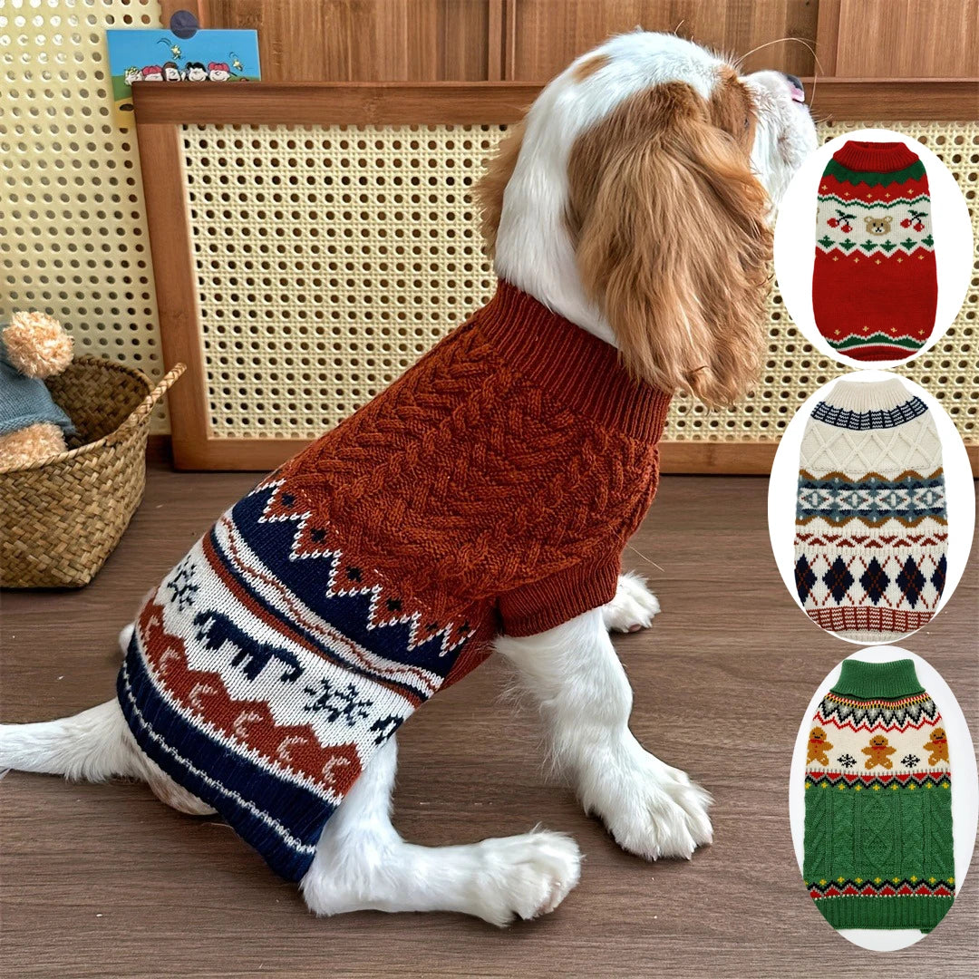 A brown and white knit pet sweater for dogs, displayed with various color patterns.