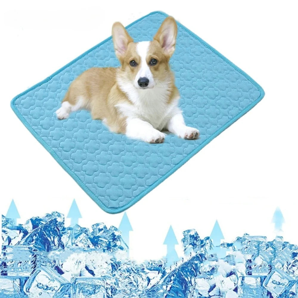 Un petit chien brun et blanc repose sur un tapis pour animaux auto-refroidissant bleu avec un fond de montagne glacée.