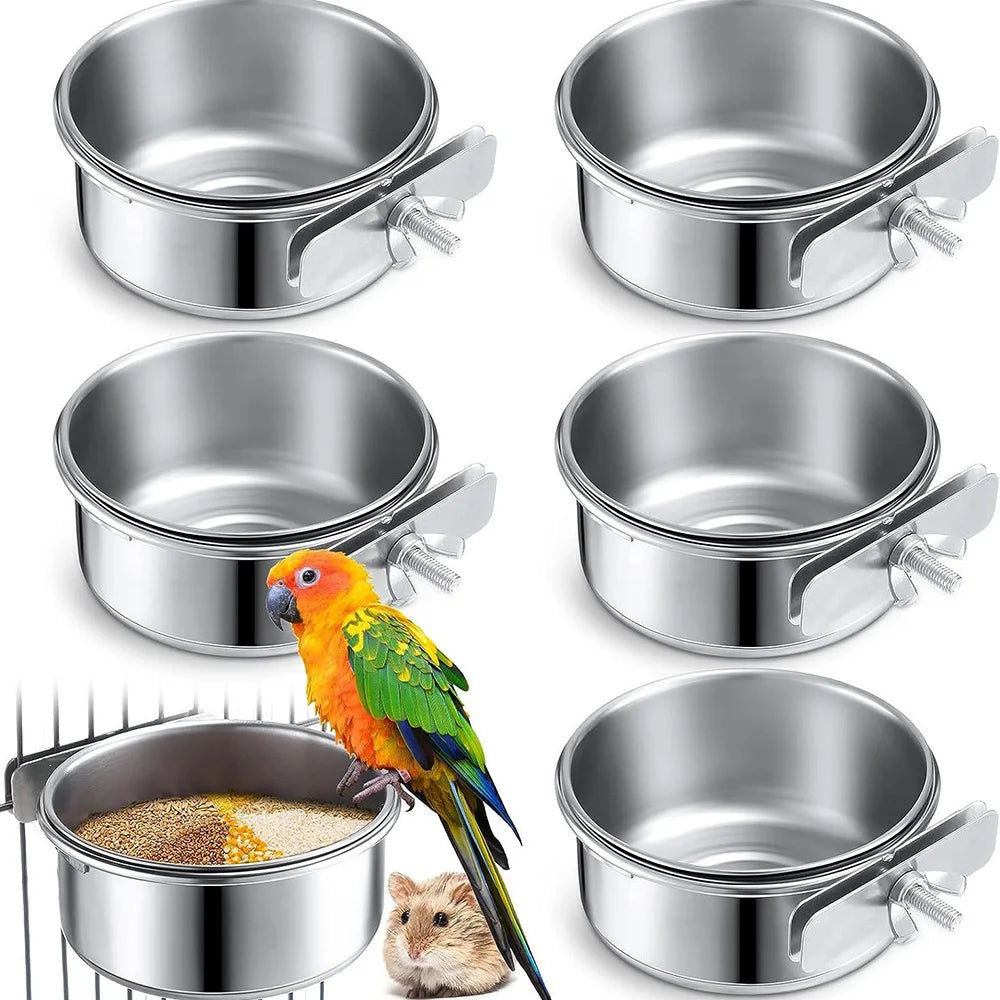 Stainless steel hanging bird bowl with a small squirrel perched on the rim