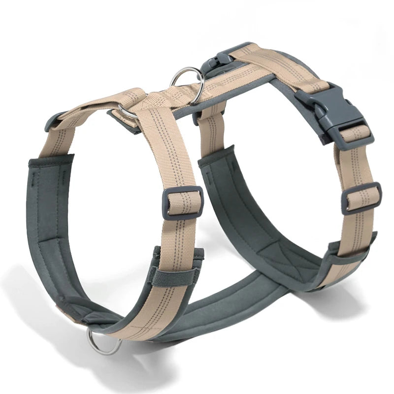 A beige and gray adjustable no-pull reflective dog harness with an H-shaped design.