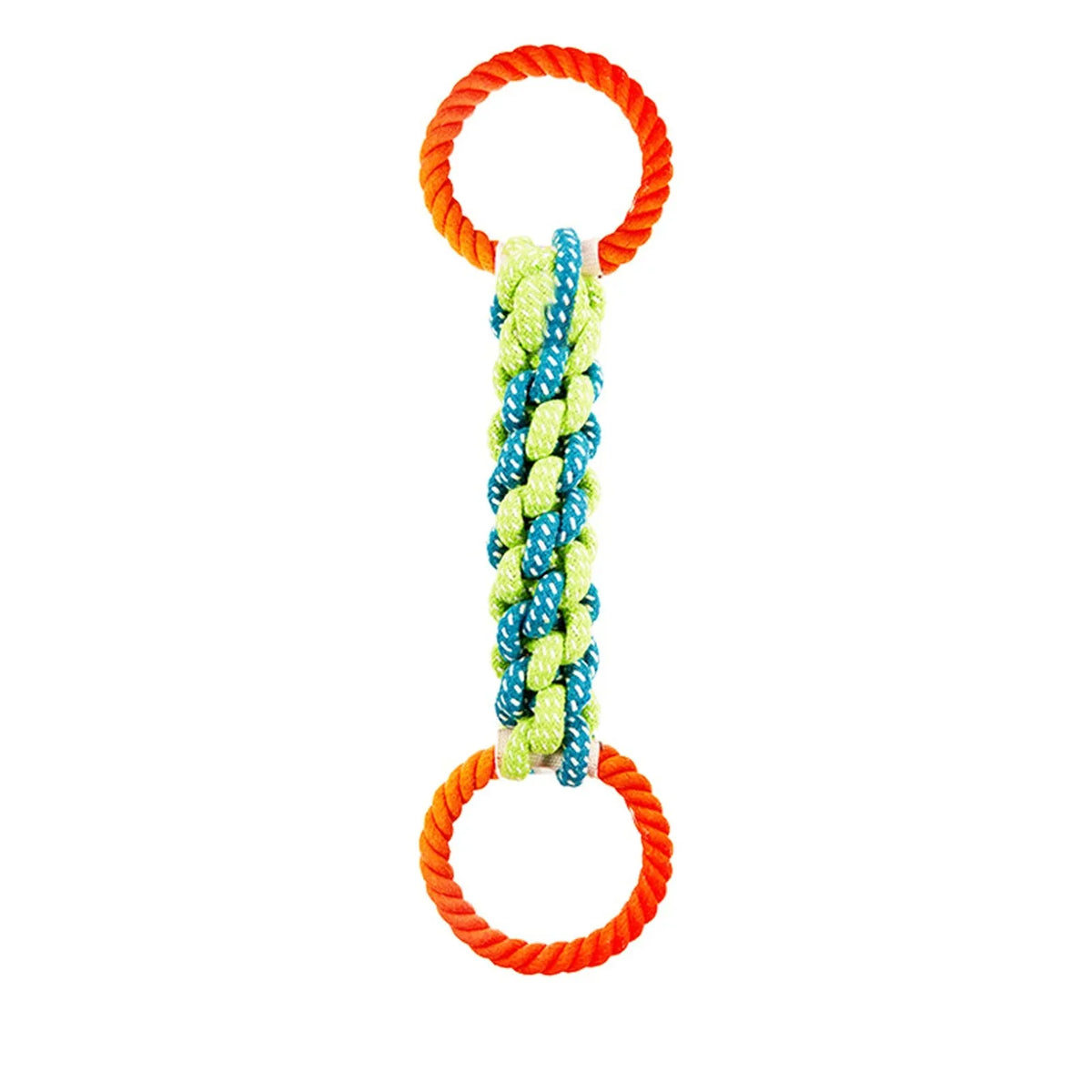 Langlebiger Hundekauflaspfadspielzeug mit orange-blauen geflochtenen Seilen.