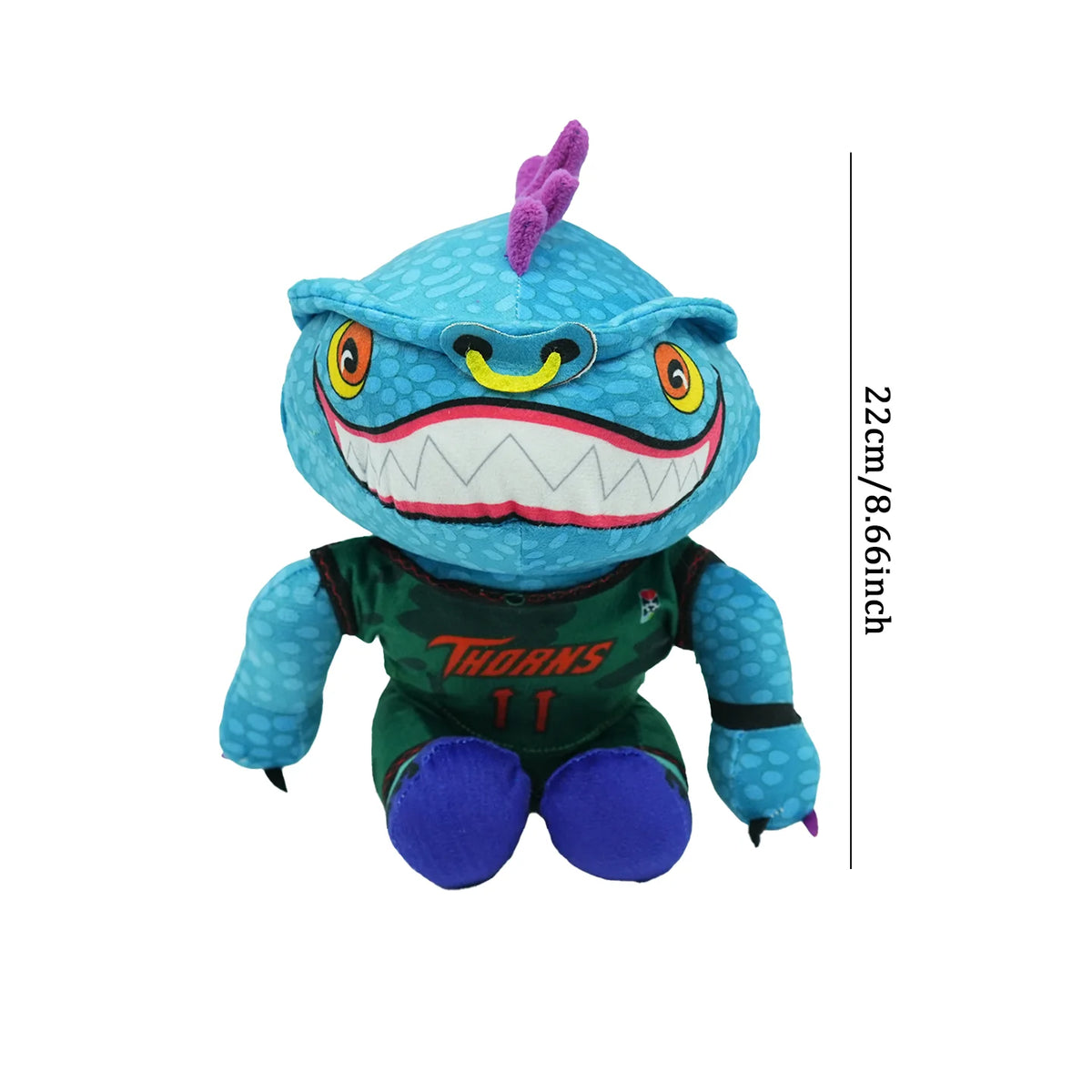 A blue cartoon goat plush toy with purple tuft, wearing a green shirt and blue legs.
