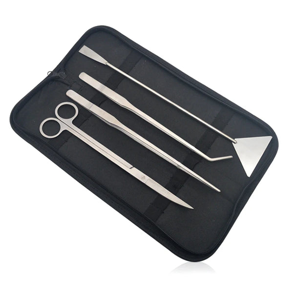 A black case holding a set of stainless steel aquarium plant care and cleaning tools.