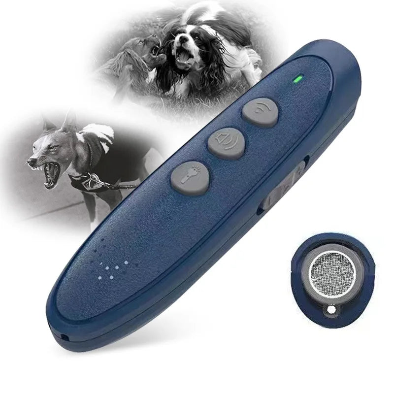 A blue ultrasonic dog bark deterrent device with buttons and an LED indicator, shown alongside a dog.
