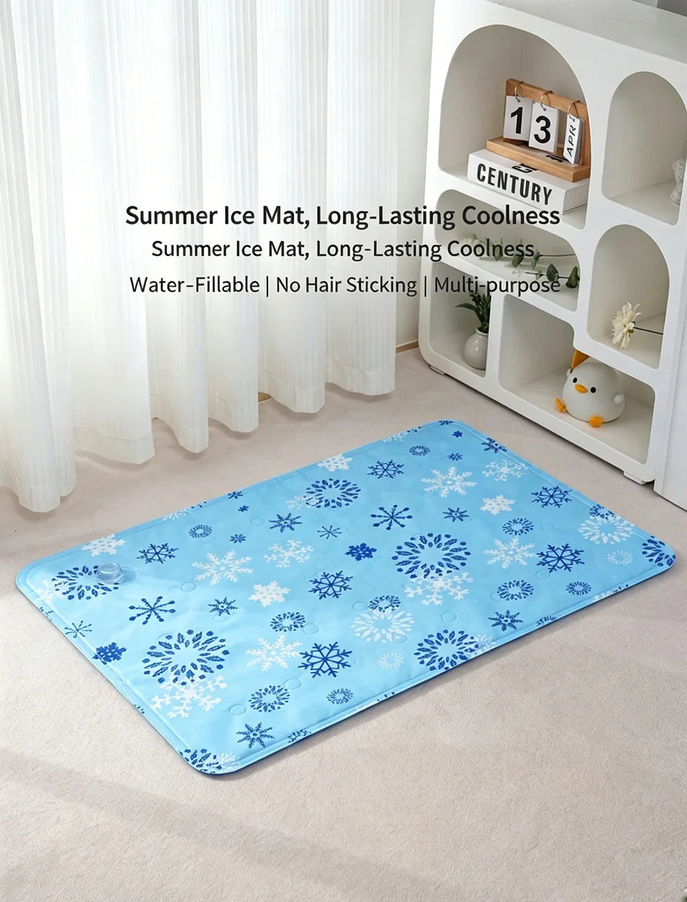 A blue ice mat with snowflake patterns is displayed on a light carpet next to a white shelving unit.