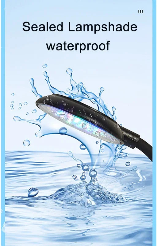 A black USB clip-on aquarium LED light is shown being tested for its waterproof durability in water.