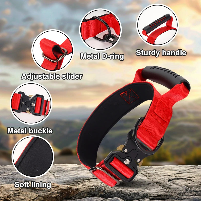 Red tactical dog collar with a sturdy handle showing various features like metal rings and adjustable slider