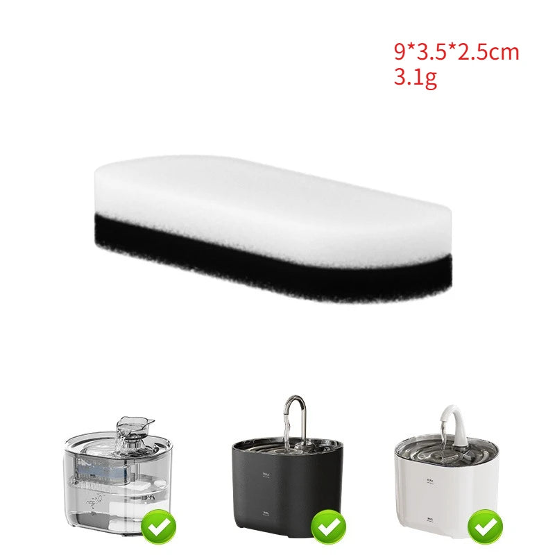 A white and black replacement filter for a cat water fountain, measuring 9x3.5x2.5cm and weighing 3.1g.
