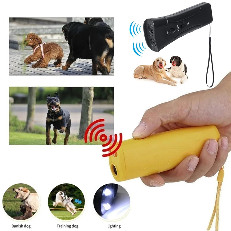 Geliches Ultraschall-Tierabwehrgerät wird in der Hand gehalten, mit Bildern von Hunden und Beleuchtungsfunktionen.