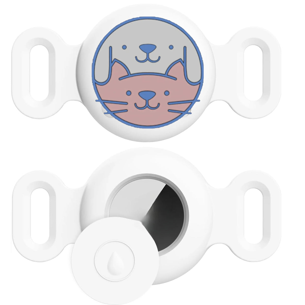 Weißer Silikon-AirTag-Halter mit Katzengesicht und kreisförmiger Öffnung für Tierhalsbänder.