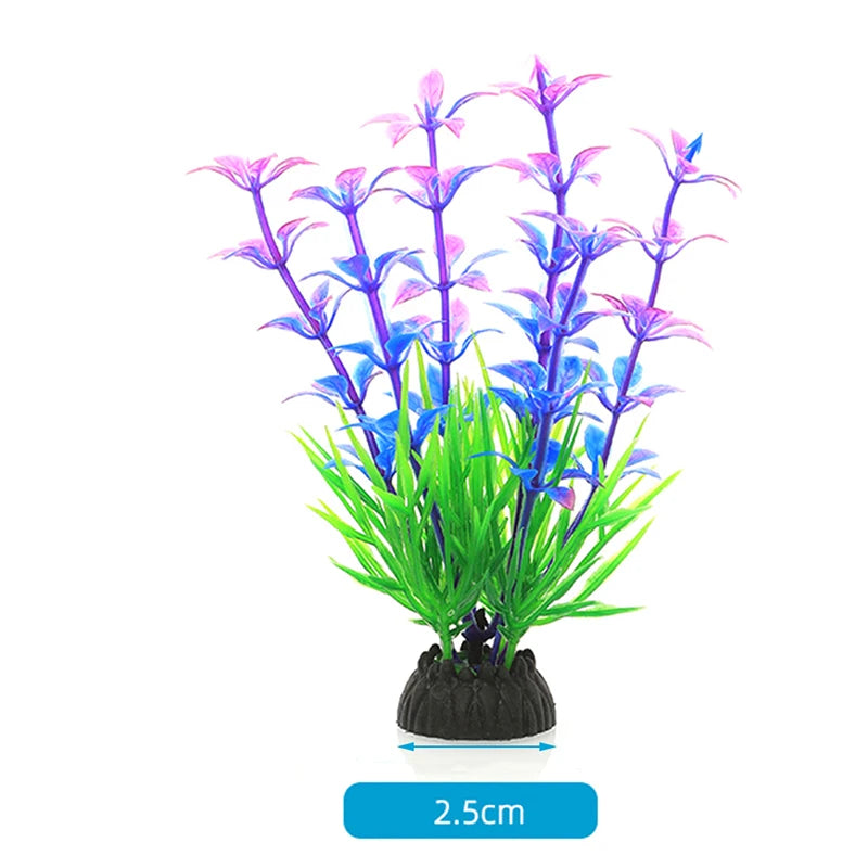 A vibrant arrangement of purple and blue aquatic plants for fish tank decor.