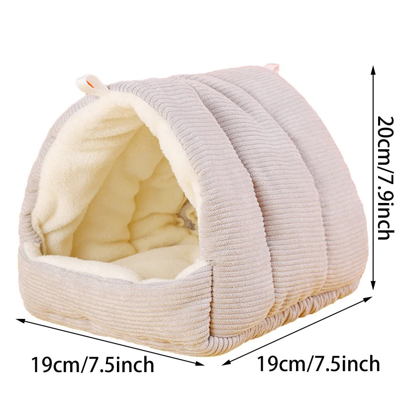 A beige, soft cotton bird nest designed for winter comfort, shown with its opening.