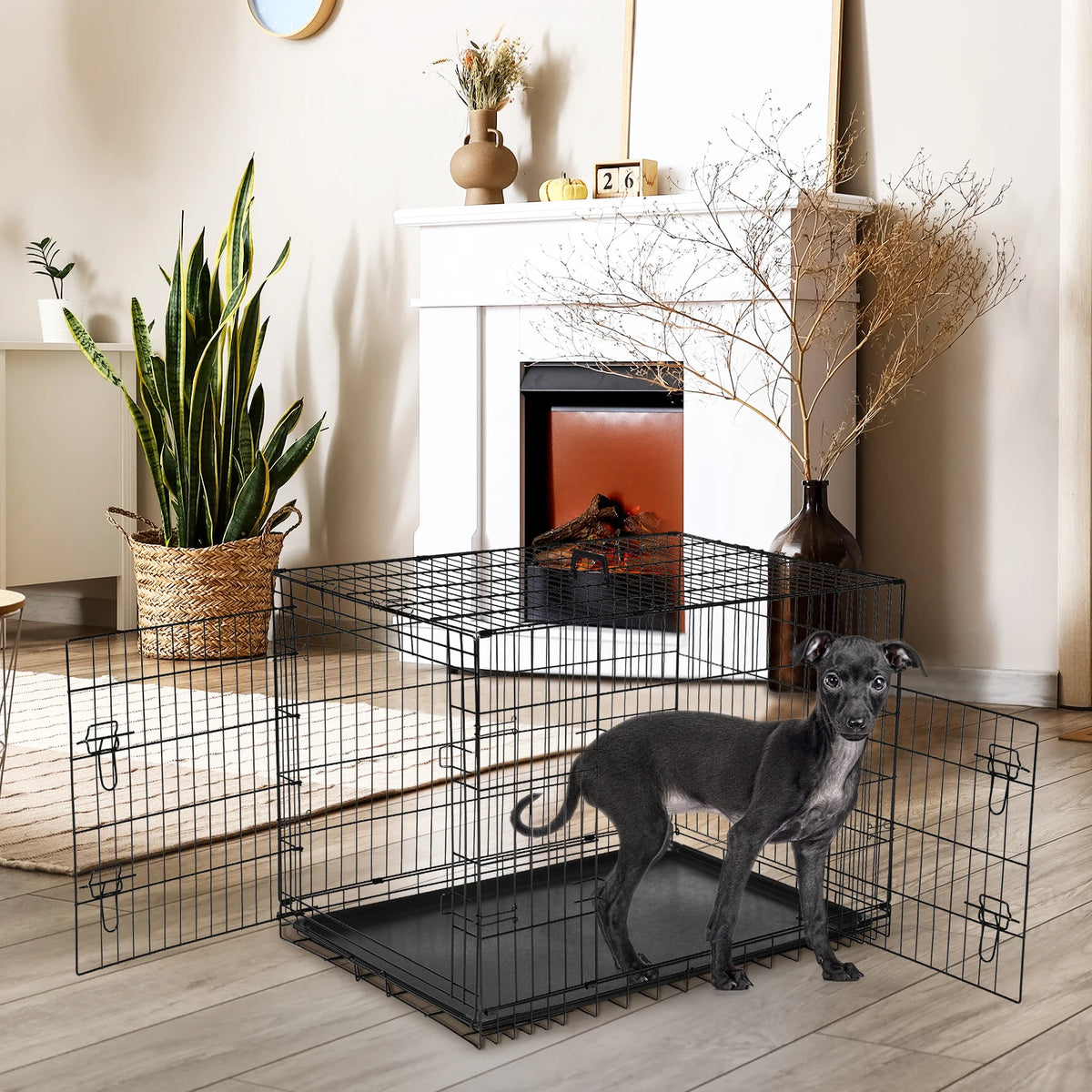 Extra-Large Foldable Metal Dog Crate with Double Doors and Leak-Proof Tray