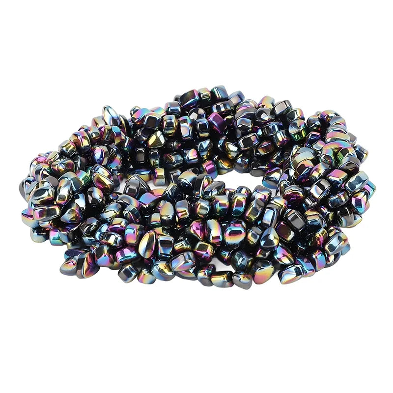 A coil of colorful, iridescent stone cobblestone beads used for DIY crafts and decoration.