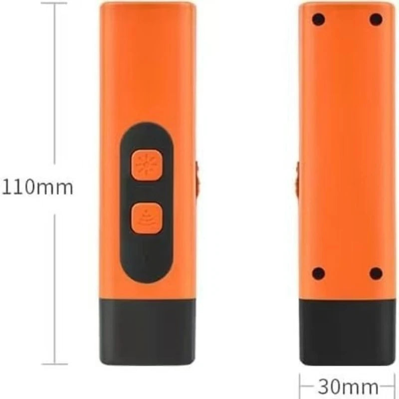 Orangefarziges und schwarzes Ultraschall-Hundbell-Abwehrmittel, Maße 110 mm und 30 mm.