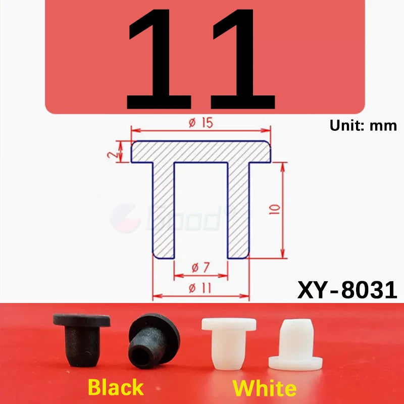 Black and white silicone rubber hole plugs shown with technical drawings and product variations