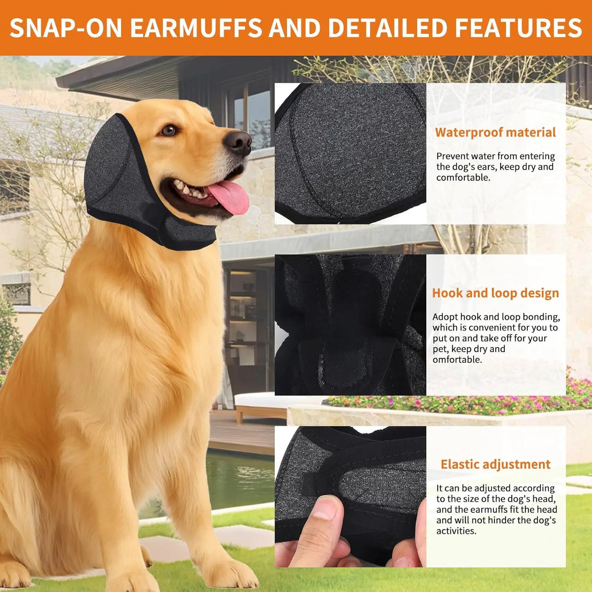 A golden retriever wearing a black snap-on earmuff, demonstrating the waterproof material and hook and loop design.
