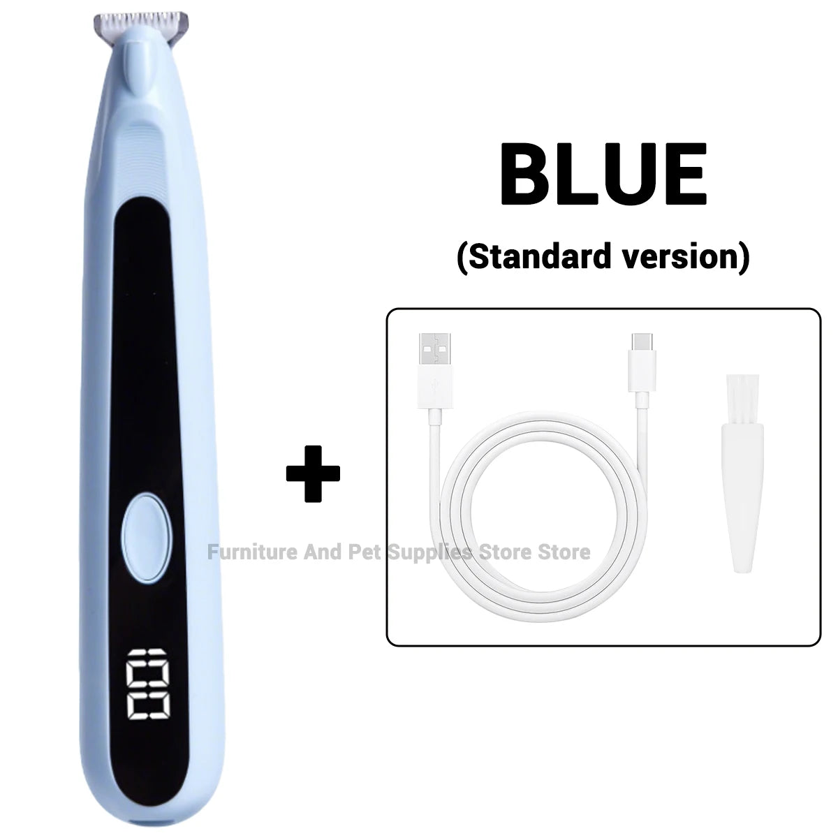 Blaues Standardmodell eines Tierpflege-Haartrimmers mit LED und Ladekabel