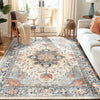 A detailed bohemian Persian floral area rug featuring blue, beige, and rust tones in a traditional medallion pattern.