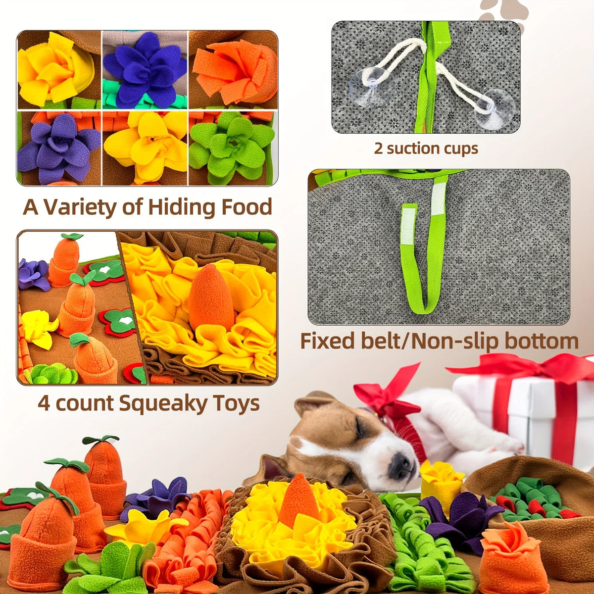 A variety of hiding food toys including orange carrots, yellow fruits, and green vegetables for dog enrichment