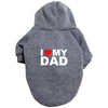 A gray plush winter hoodie with 'I ❤️ MY DAD' printed on the back.