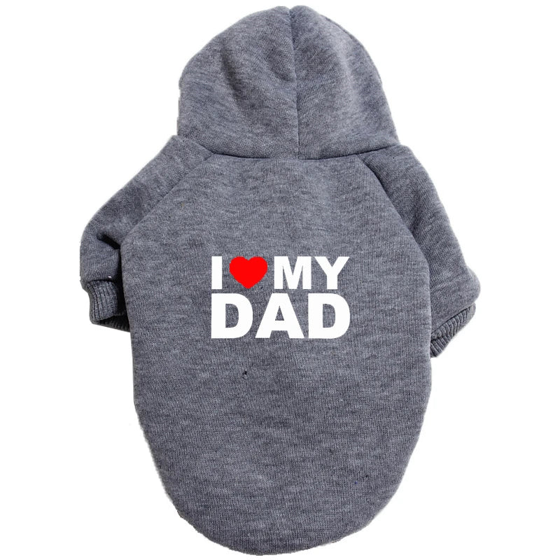 A gray plush winter hoodie with 'I ❤️ MY DAD' printed on the back.