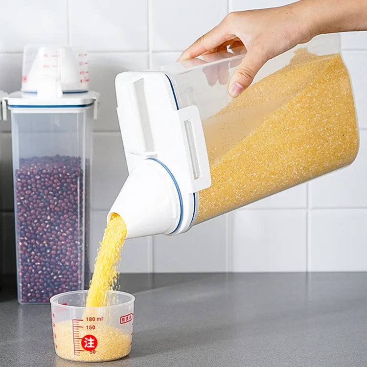 A hand pours yellow pet food from an airtight container into a measuring cup.