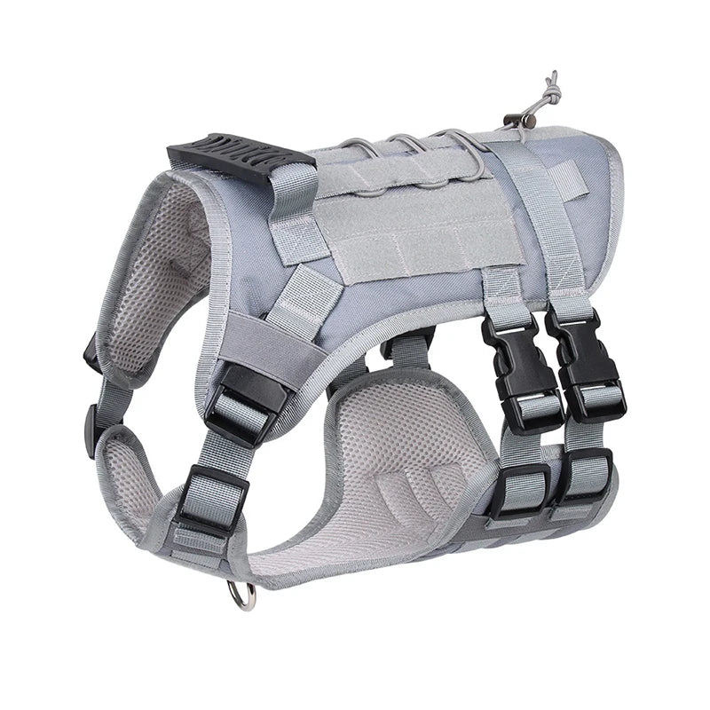 A gray heavy-duty dog harness and leash set designed for pulling.