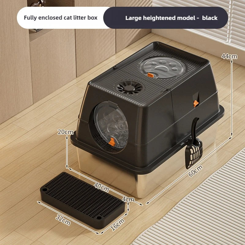 A large black elevated cat litter box with a stainless steel base and a removable grate shown on a wooden floor.