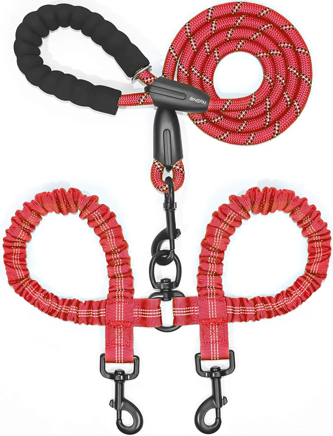 A red and black double dog leash with a shock absorbing bungee and metal clips.