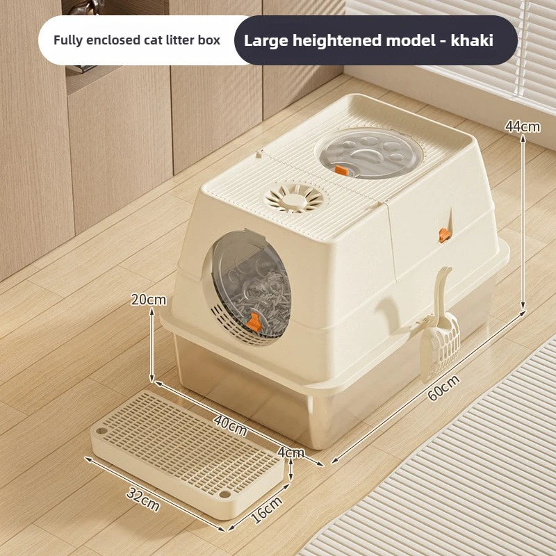 A large heightened khaki cat litter box is shown on a wooden floor, with dimensions and scale references.