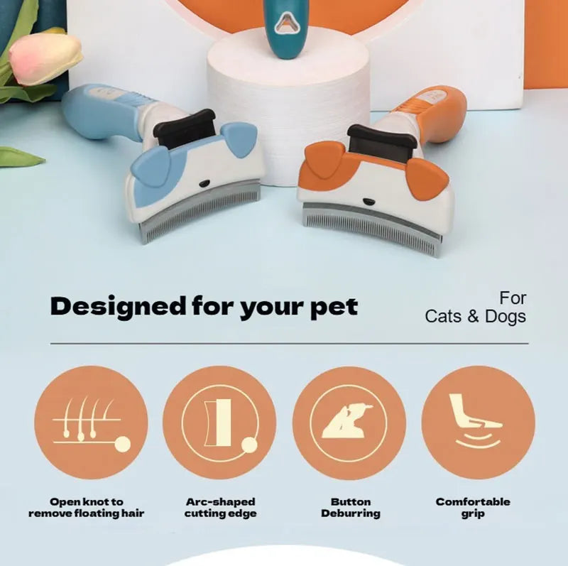 A set of pet thinning combs for dogs and cats showing various features like a cutting edge and comfortable grip.